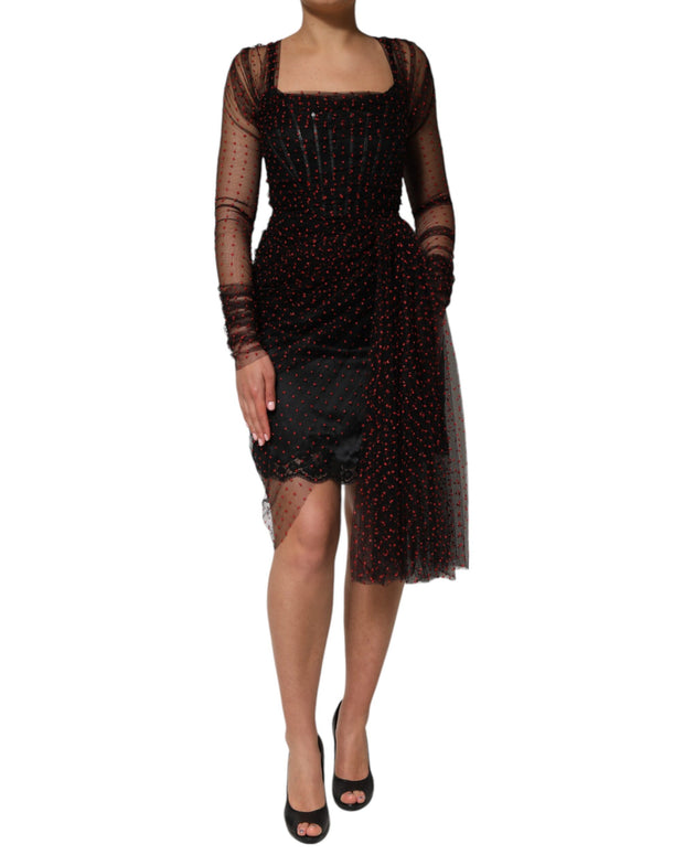 Black Lace Trim Long Sleeve Sheath Mini Dress