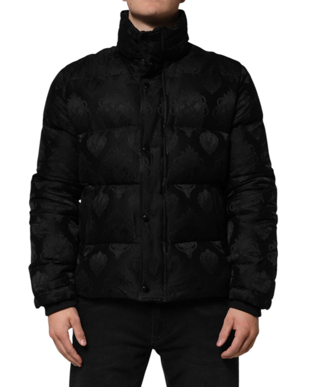 Black Jacquard Quilted Puffer Bomber Jacket