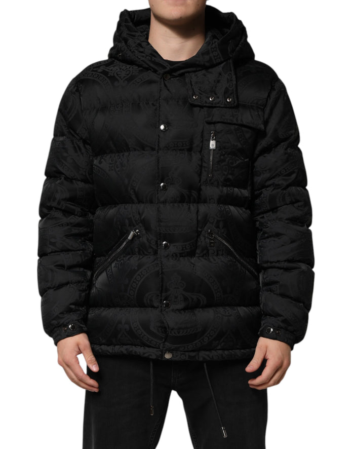 Black Jacquard Quilted Puffer Hooded Jacket