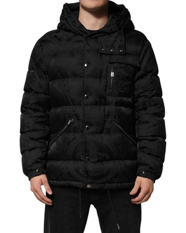 Black Jacquard Quilted Puffer Hooded Jacket