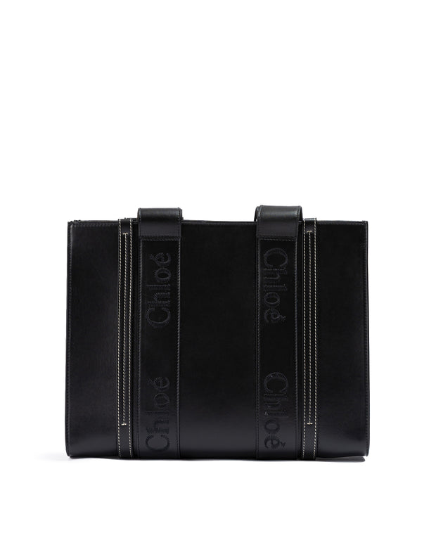 Black Woody Embroidered Logo Leather Medium Tote Bag