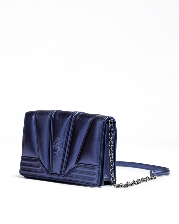 Metal blue GT patent leather bag with chain