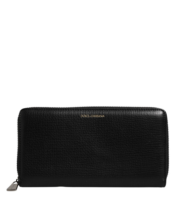 Black Calfskin Leather Logo Zip Around Continental Wallet