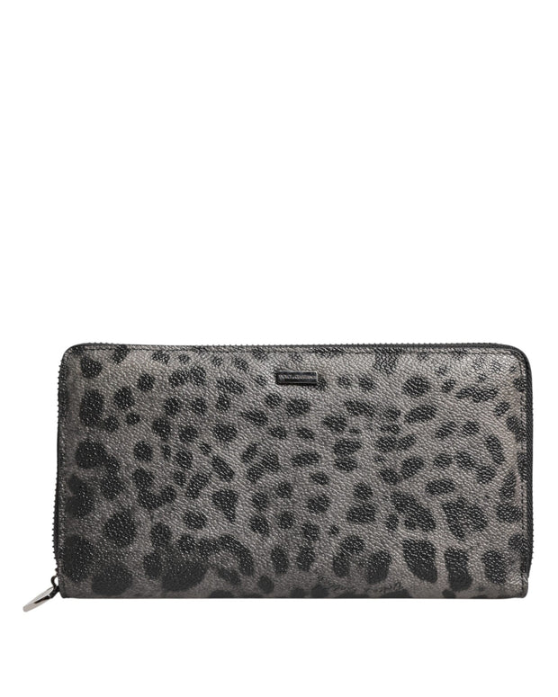Black Gray Leopard Leather Zip Around Continental Wallet
