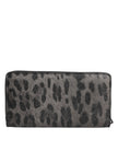 Black Gray Leopard Leather Zip Around Continental Wallet