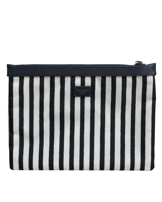 Black White Striped Logo Plaque Clutch Pouch Bag