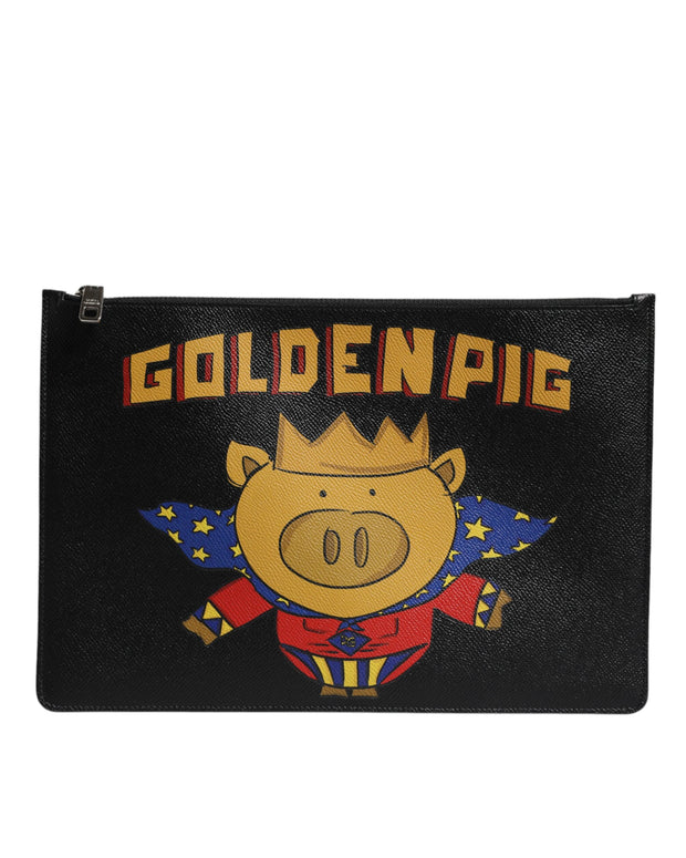 Black Leather Golden Pig Print Men Clutch Pouch Borse Bag