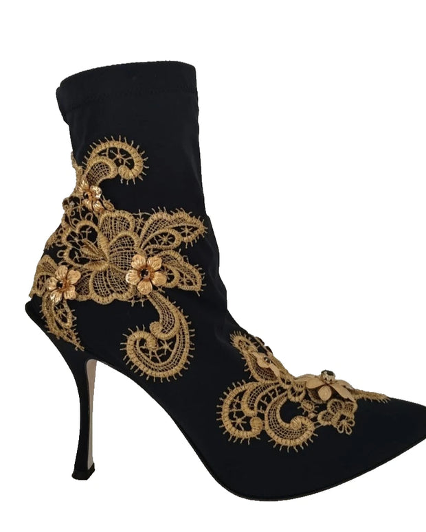 Black Gold Embroidery Crystal Boots Shoes