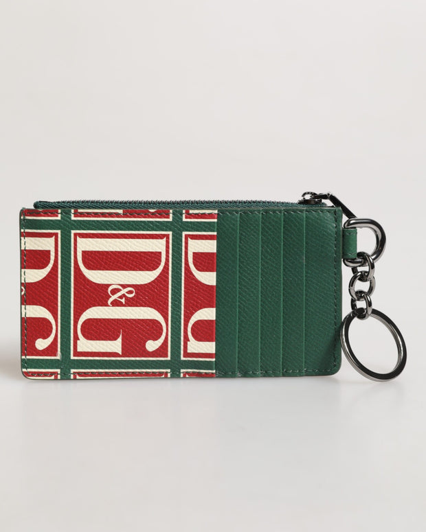 Green Calf Leather Logo Print Monogram Card Holder Wallet
