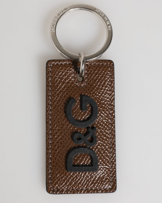 Dark Brown Leather Logo Metal Ring Keychain Holder Keyring