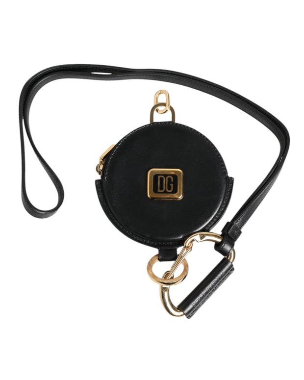 Black Round Leather DG Logo Coin Purse Lanyard Wallet