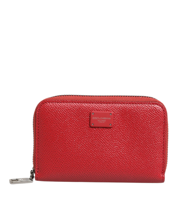 Red Leather Zip Around Logo Plaque Men Coin Purse Wallet
