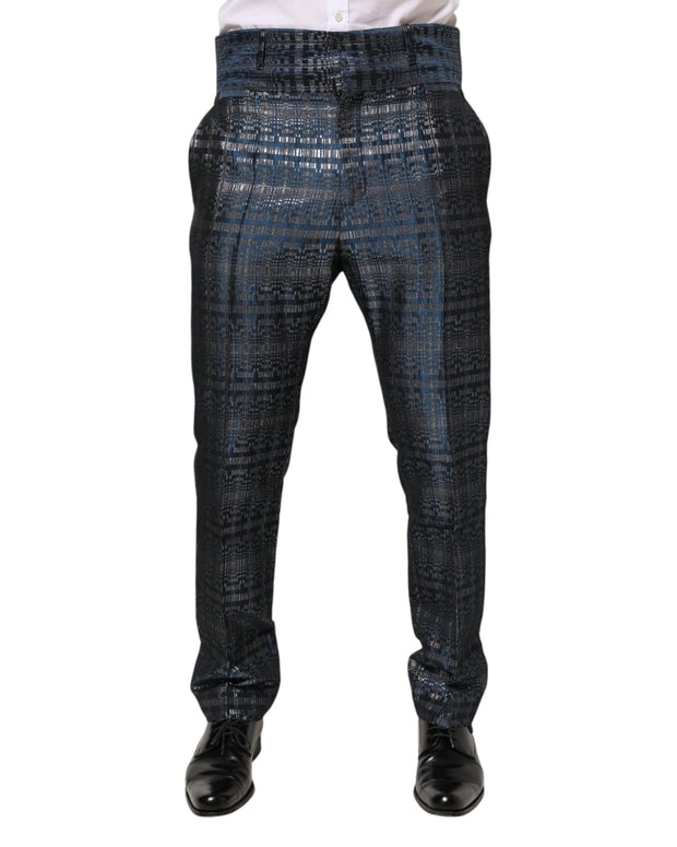 Blue Silver Shiny Silk Skinny Men Trouser Pants