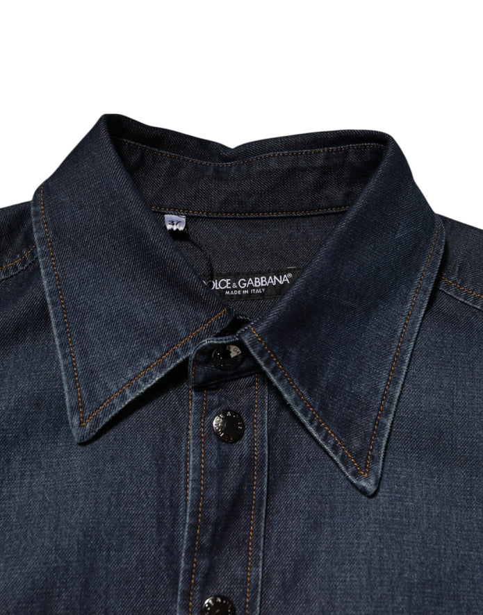 Blue Denim Button Casual Logo Patch Men Shirt