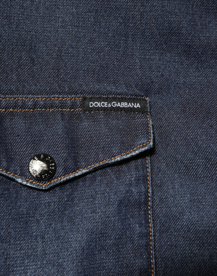 Blue Denim Button Casual Logo Patch Men Shirt