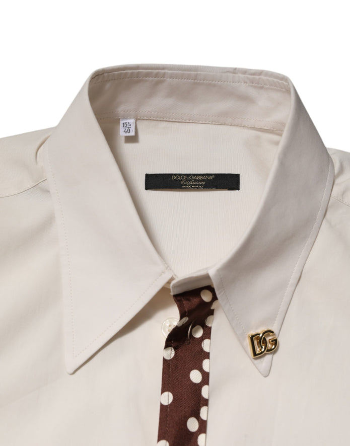 Cream White Cotton Polka Dot Slim Fit Shirt