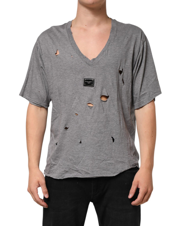 Gray Cotton Tattered Logo Patch Men T-shirt