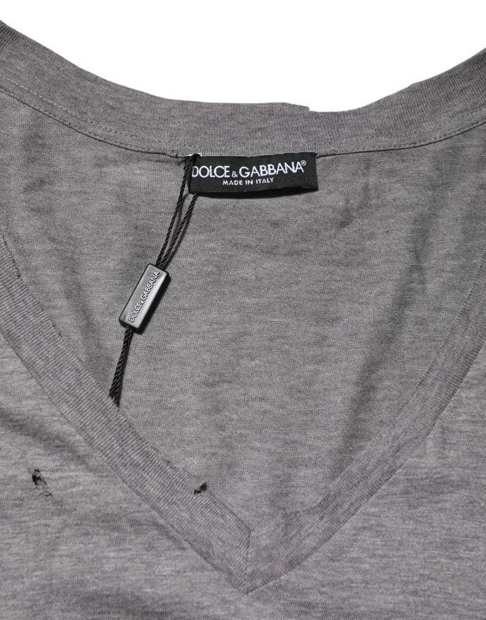 Gray Cotton Tattered Logo Patch Men T-shirt