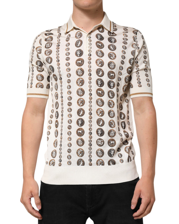 Silk Ivory Coin Print Logo Men Polo T-shirt