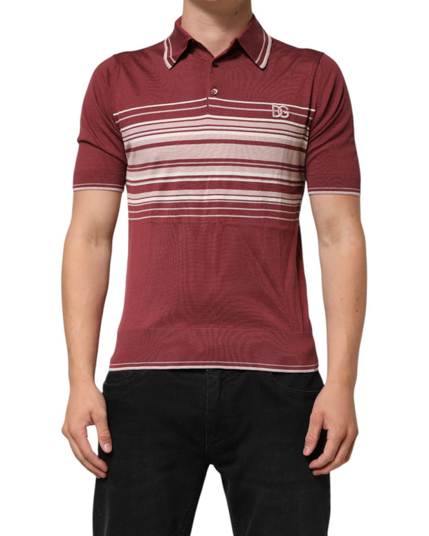 Cotton Burgundy Striped DG Logo Polo  T-shirt