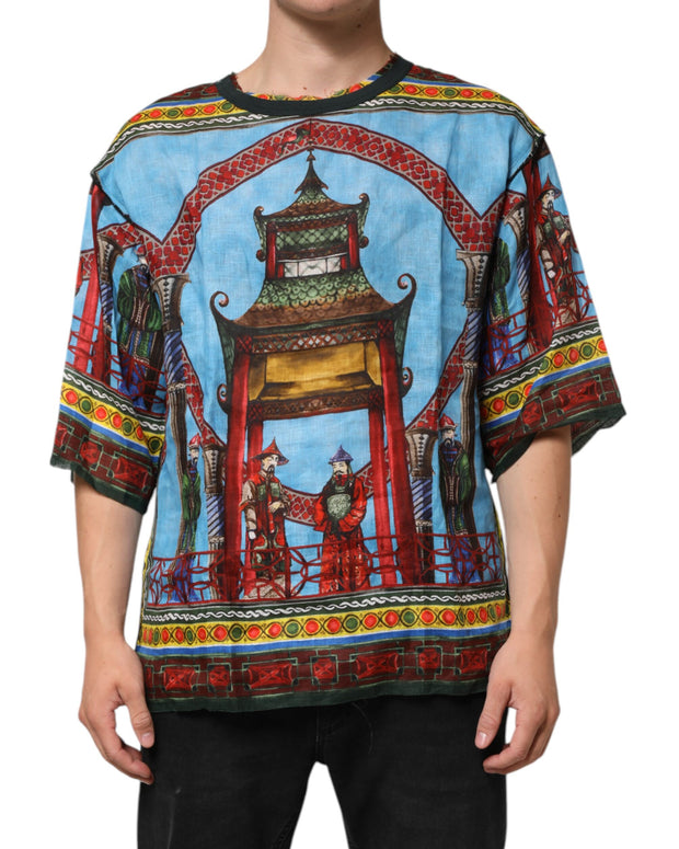 Multicolor Cotton Linen Temple Print T-shirt