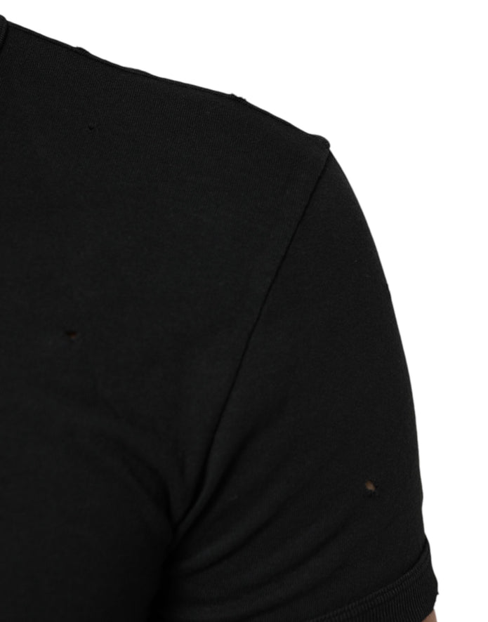 Black Cotton Tattered Logo V-Neck Men T-shirt
