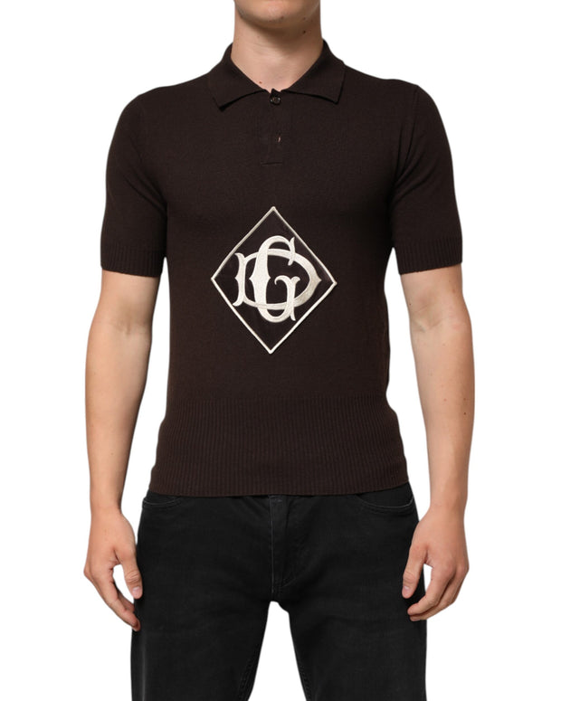 Brown Wool Logo Embroidered Men Polo T-shirt
