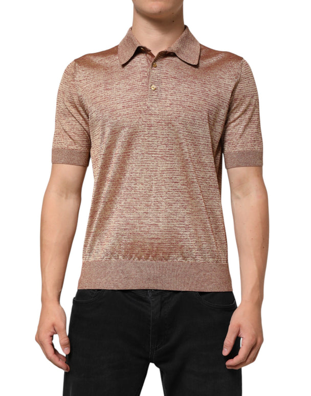 Brown Silk Textured Short Sleeve Polo T-shirt