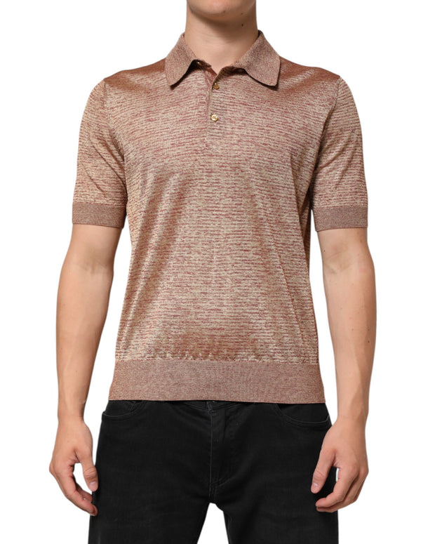 Brown Silk Textured Short Sleeve Polo T-shirt
