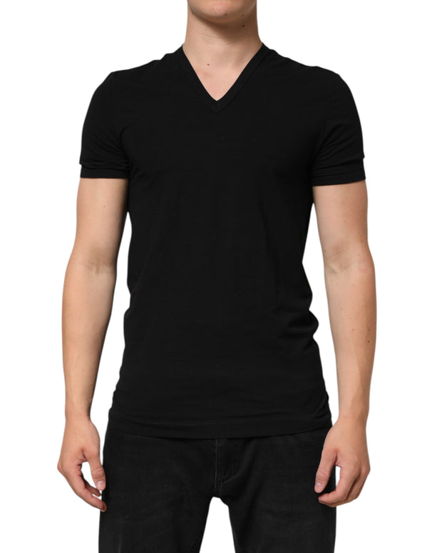 Black Cotton Slim Fit Men V-Neck Shirt T-shirt