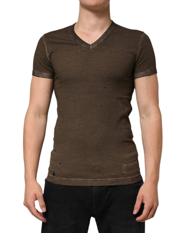 Dark Brown Cotton Tattered Logo Men T-shirt