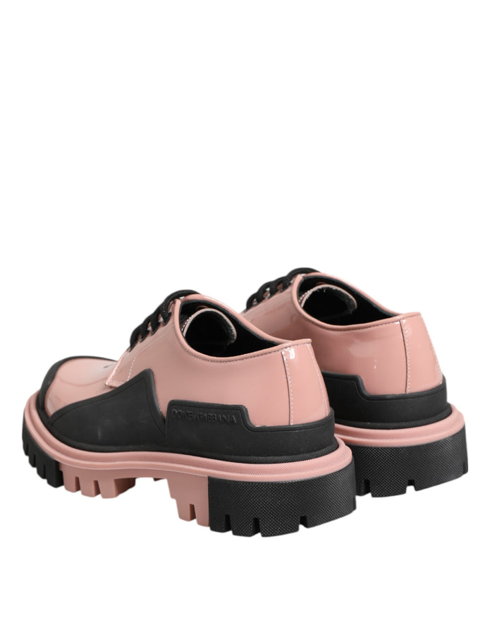 Light Powder Pink Black Leather Lace-Up Shoes