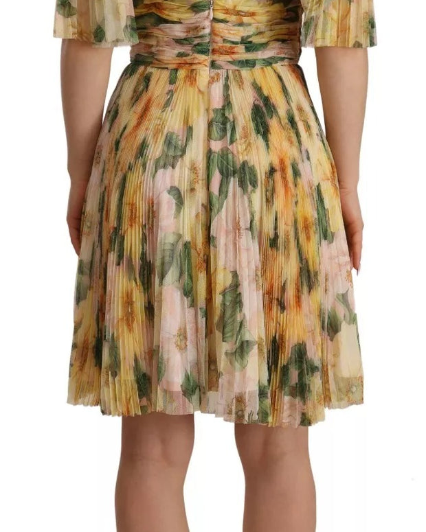 Yellow Floral Print Pleated Maxi Dress