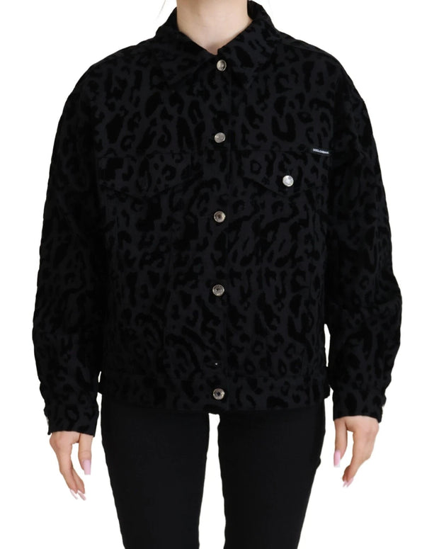 Cotton Black Leopard Long Sleeve Denim Jacket