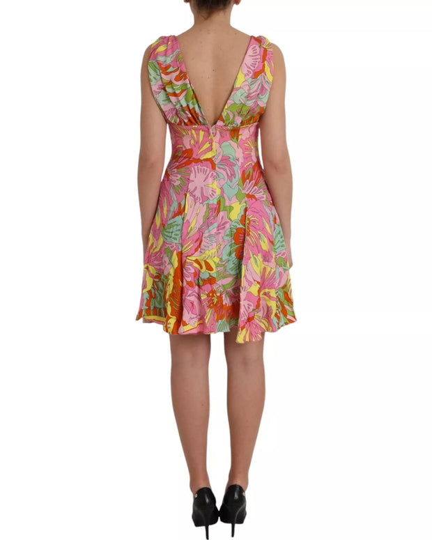 Multicolor Floral Silk Flared Mini Dress