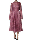 Pink Floral Lace Long Sleeve Midi Dress