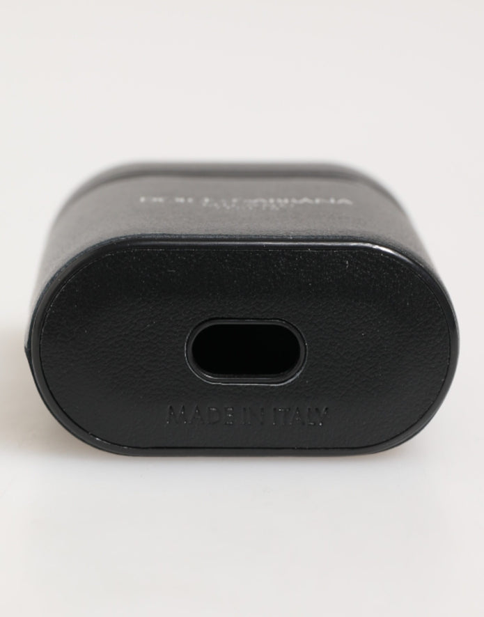 Black Calfskin Leather Logo Print Flip Holder Airpods Case