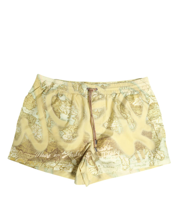 Yellow World Map Polyester Elastic Waistband Swimwear