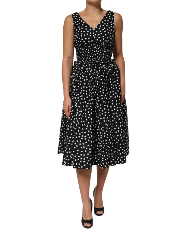 Black White Cotton Polka Dot Print V Neck Dress