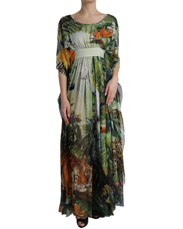 Multicolor Silk Jungle Print Women Maxi Dress
