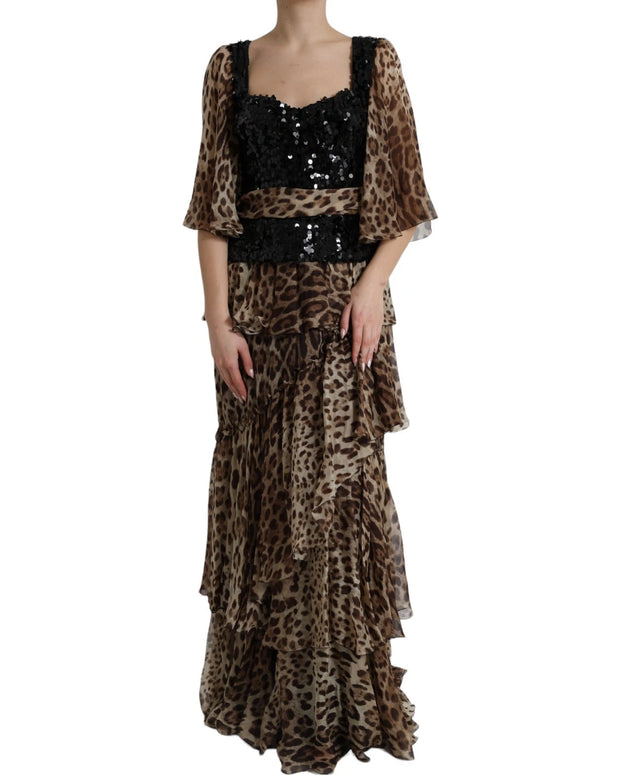 Leopard Print Silk Sequin Ruffle Maxi Dress