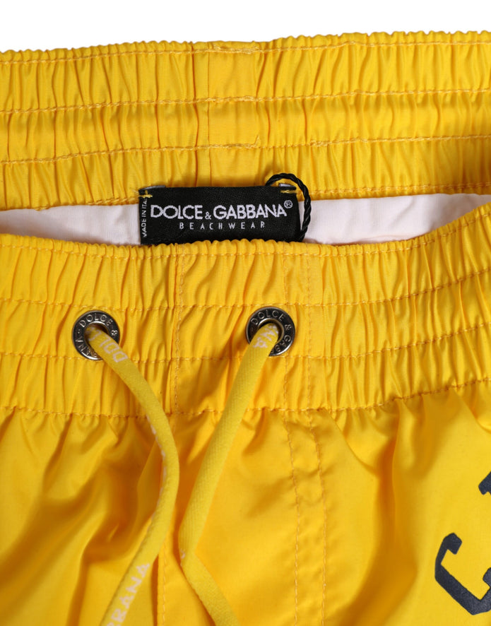 Yellow Nylon Logo Print Men Boxer Short Swimwear