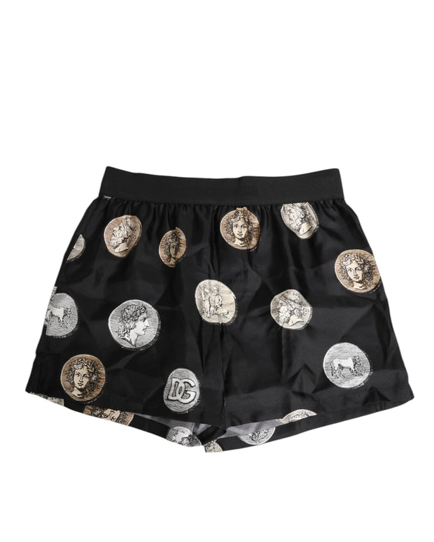Black Silk Ancient Coin Print Boxer Short Swimwear