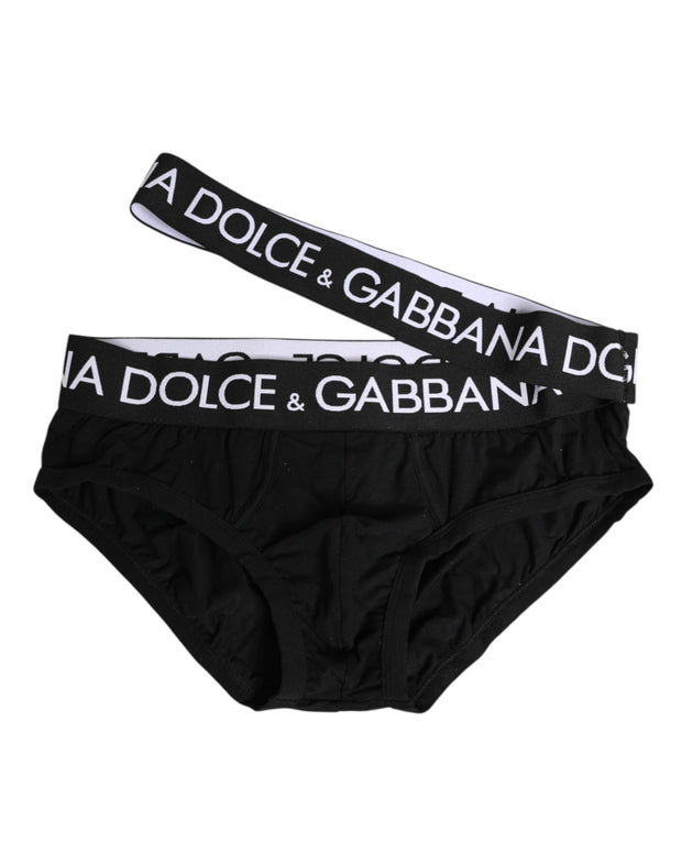 Black Cotton Elastic Logo Waistband Swimwear