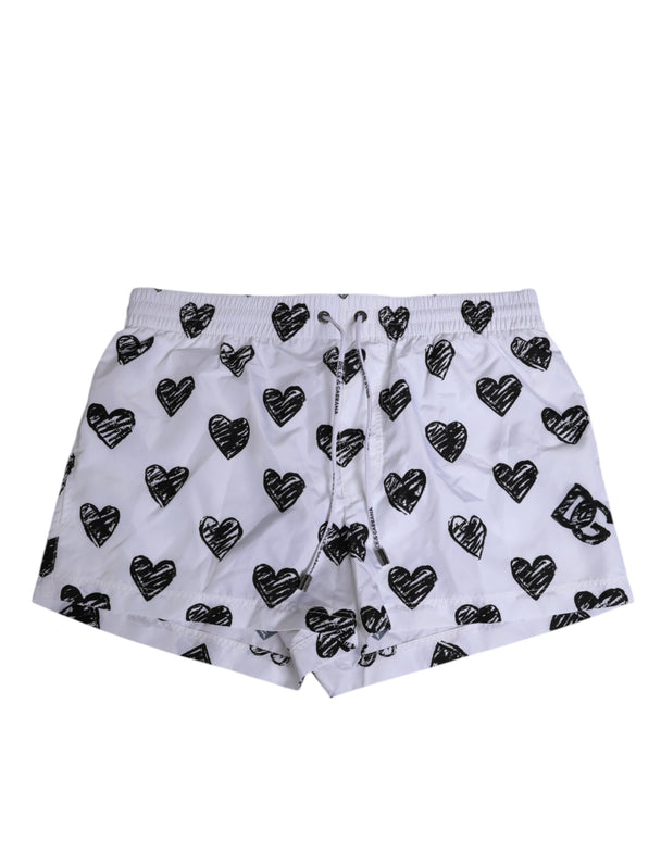 White Black Heart Print Men Boxer Short Swimwear