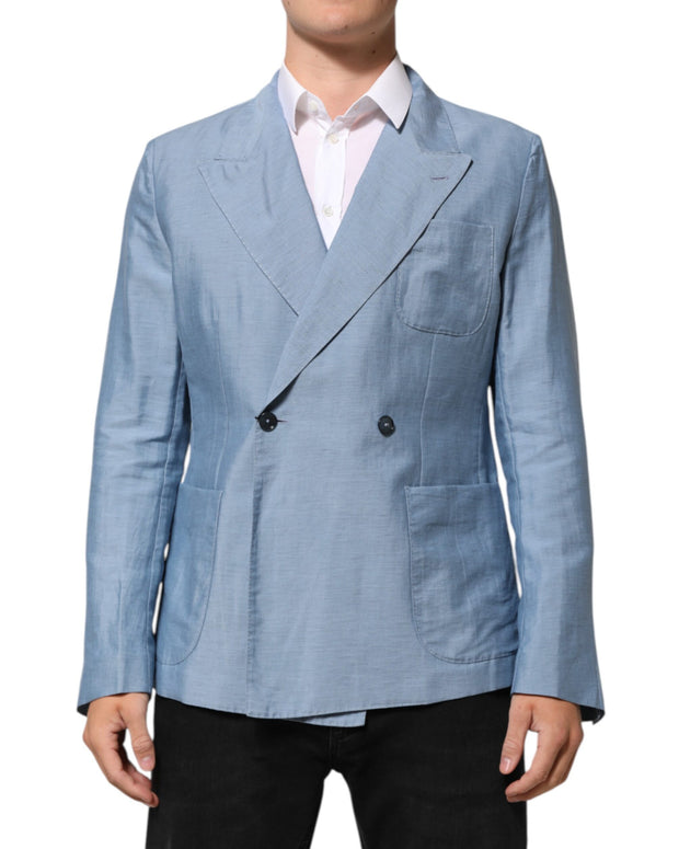 Light Blue Linen Double Breasted Men Jacket Blazer