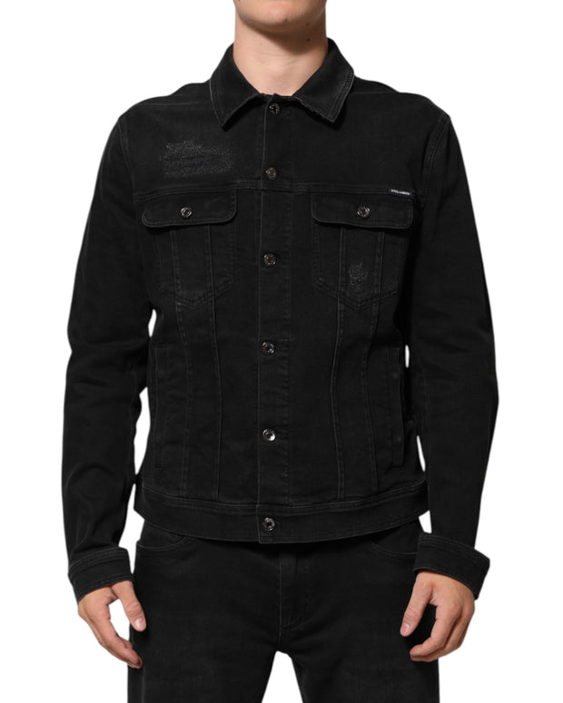 Black Cotton Denim Stretch Button Up Jacket