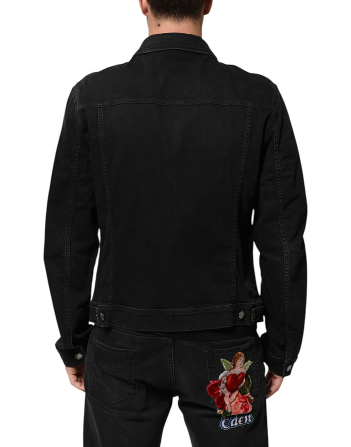 Black Cotton Denim Stretch Button Up Jacket