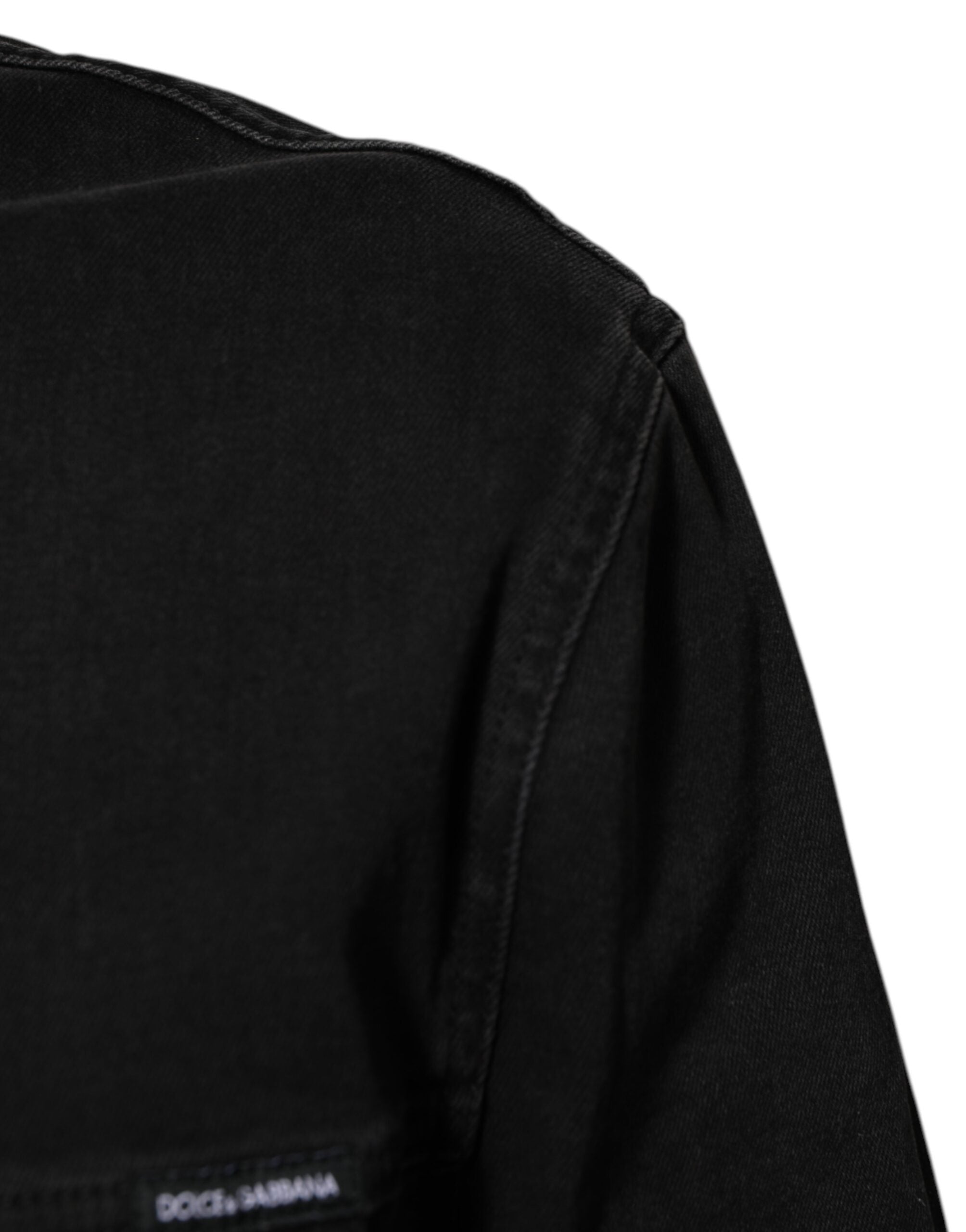 Black Cotton Denim Stretch Button Up Jacket