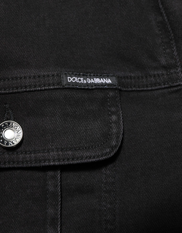Black Cotton Denim Stretch Button Up Jacket